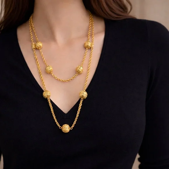 Vintage Gold Filagree Balls Layered Necklace - Picture 8 of 8